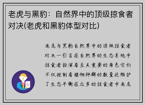 老虎与黑豹：自然界中的顶级掠食者对决(老虎和黑豹体型对比)