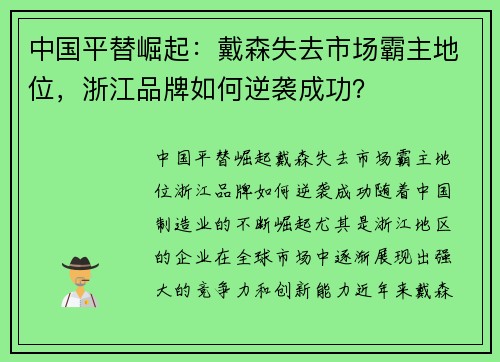 中国平替崛起：戴森失去市场霸主地位，浙江品牌如何逆袭成功？