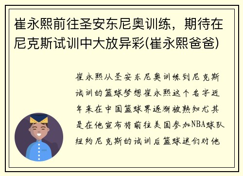 崔永熙前往圣安东尼奥训练，期待在尼克斯试训中大放异彩(崔永熙爸爸)